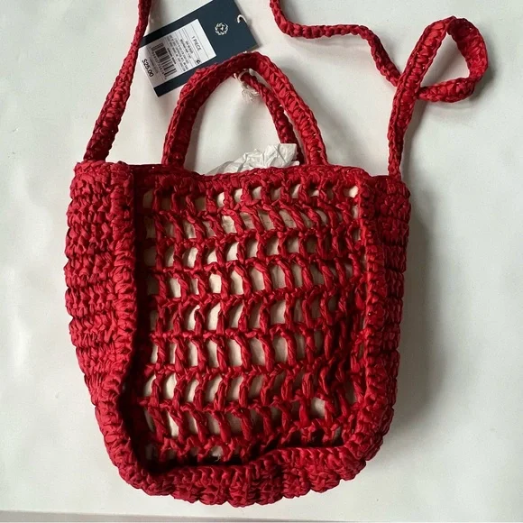 New Universal Thread Spritz Tote Bag Red Woven Paper Straw Crochet Purse Raffia - Picture 8 of 11